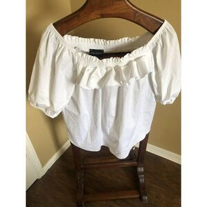 Ashley Stewart Poplin Ruff White Blouse Size 14/16 Made In Canada NWT